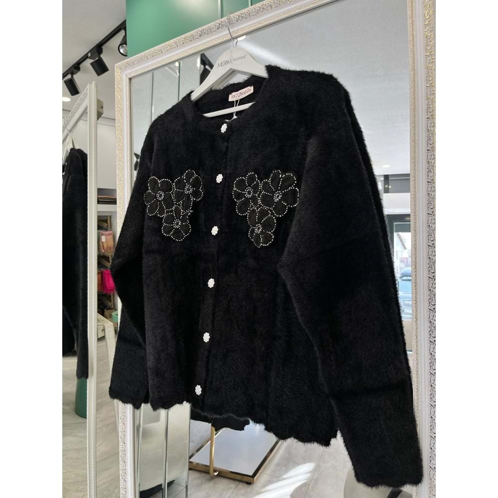 HATUN ANGORA İŞLEMELİ HIRKA (36-42 BEDEN UYUMLU) - SİYAH - STANDART