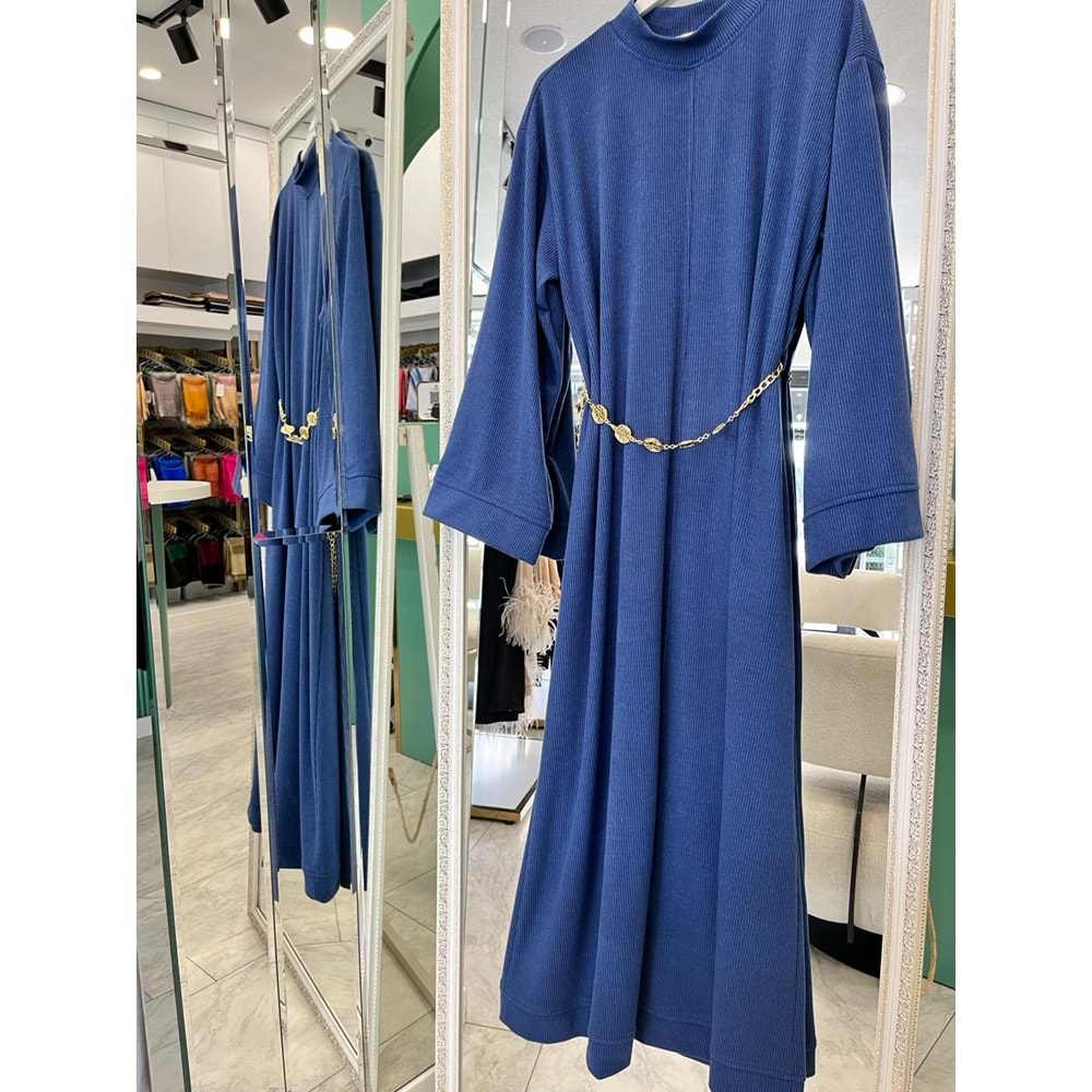 VATKATEX FİTİLLİ TRİKO ELBİSE - İNDİGO MAVİ - 42