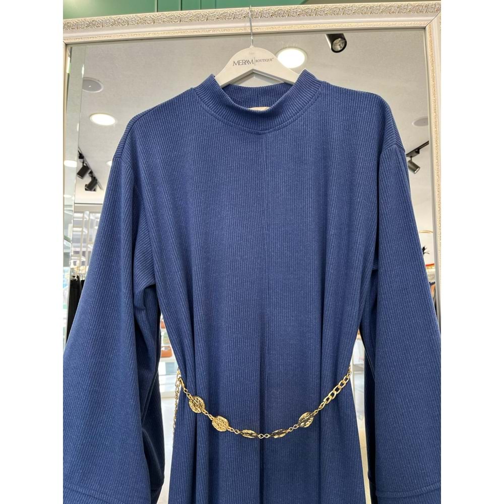 VATKATEX FİTİLLİ TRİKO ELBİSE - İNDİGO MAVİ - 42