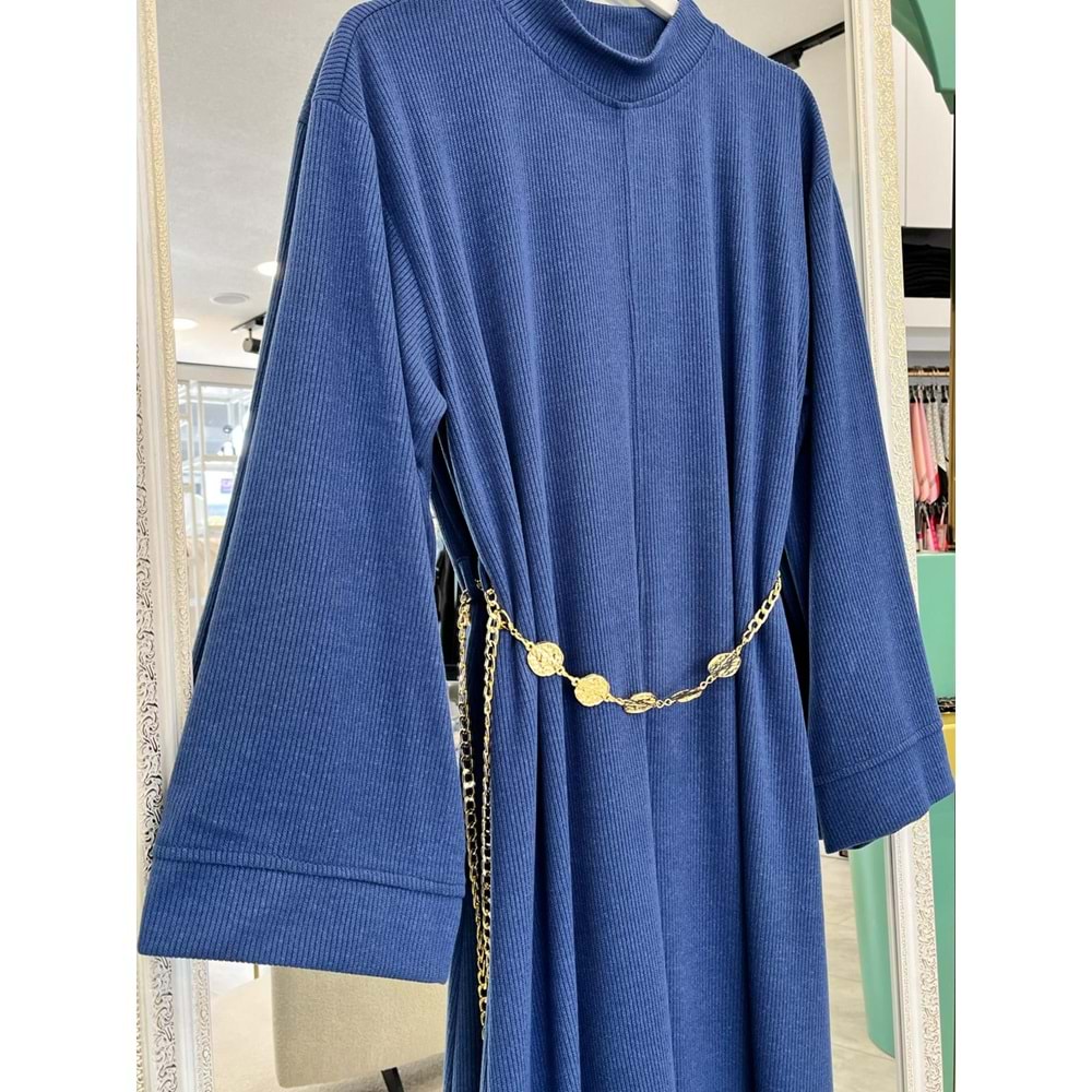 VATKATEX FİTİLLİ TRİKO ELBİSE - İNDİGO MAVİ - 42