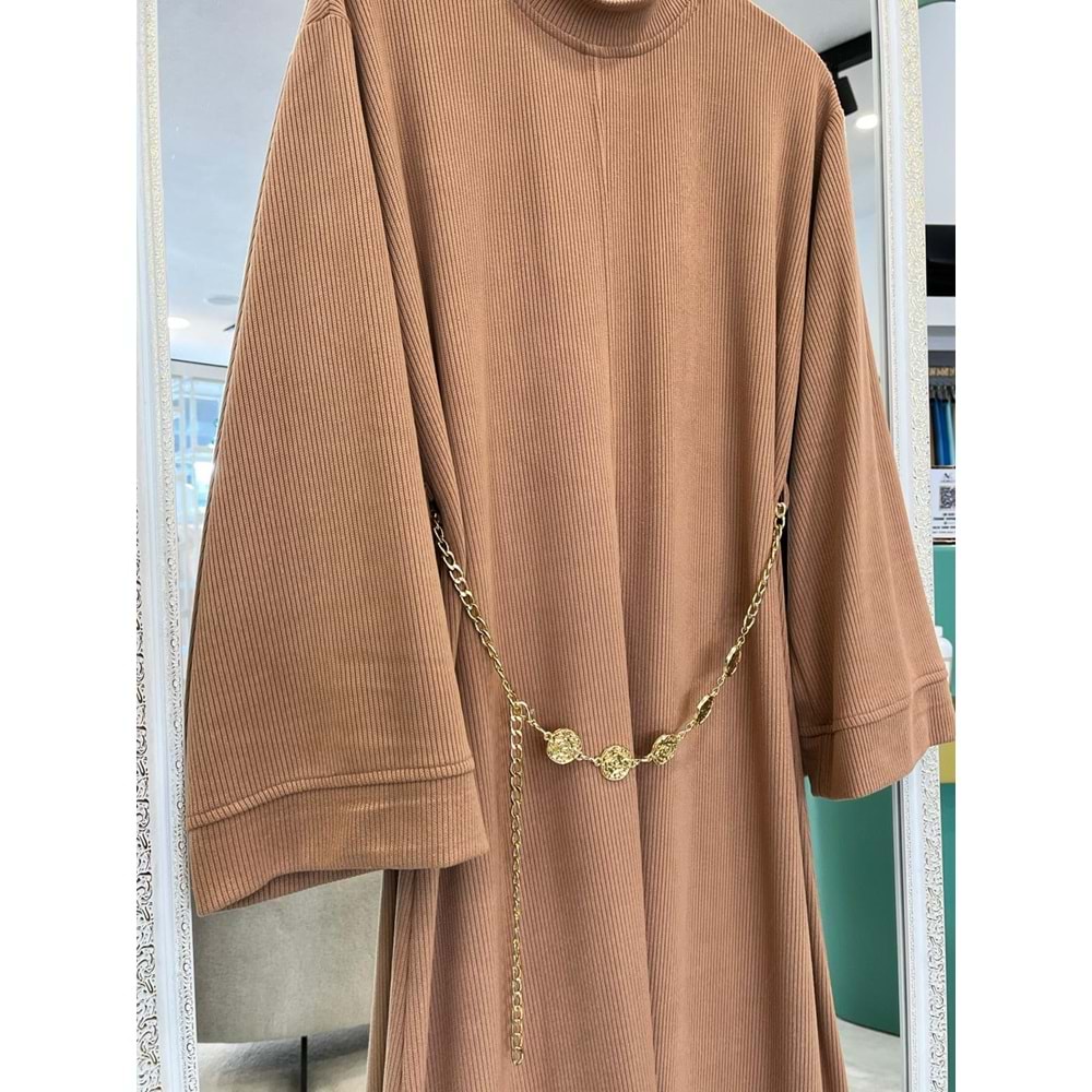 VATKATEX FİTİLLİ TRİKO ELBİSE - CAMEL - 42