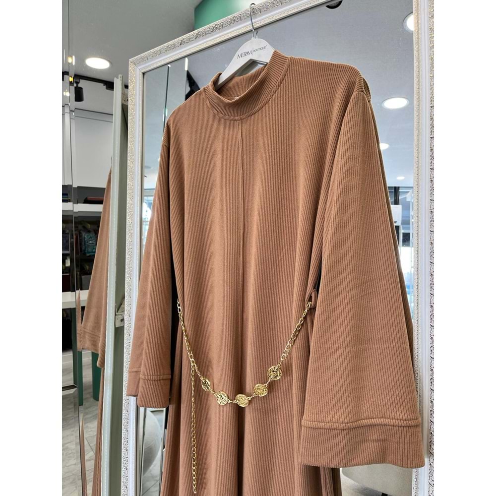 VATKATEX FİTİLLİ TRİKO ELBİSE - CAMEL - 44