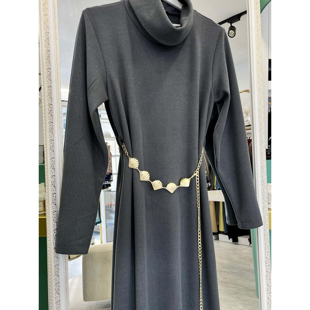 VATKATEX BOĞAZLI FİTİLLİ TRİKO ELBİSE - ANTRASİT - 42