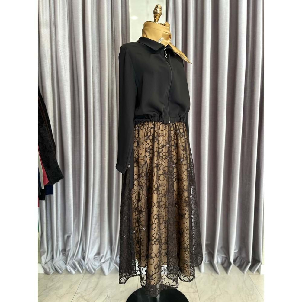 HALE ÇİÇEKLİ TÜLLÜ ETEKLİ TAKIM - SİYAH - 2