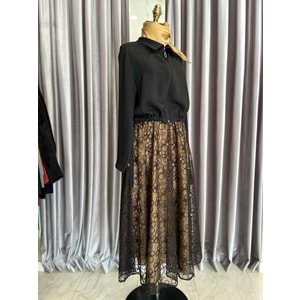 HALE ÇİÇEKLİ TÜLLÜ ETEKLİ TAKIM - SİYAH - 2