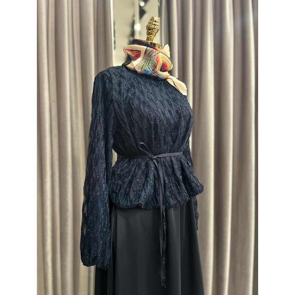 VATKATEX SİMLİ SATEN ETEKLİ TAKIM - LACİVERT - 42