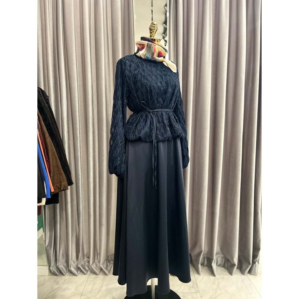 VATKATEX SİMLİ SATEN ETEKLİ TAKIM - LACİVERT - 42