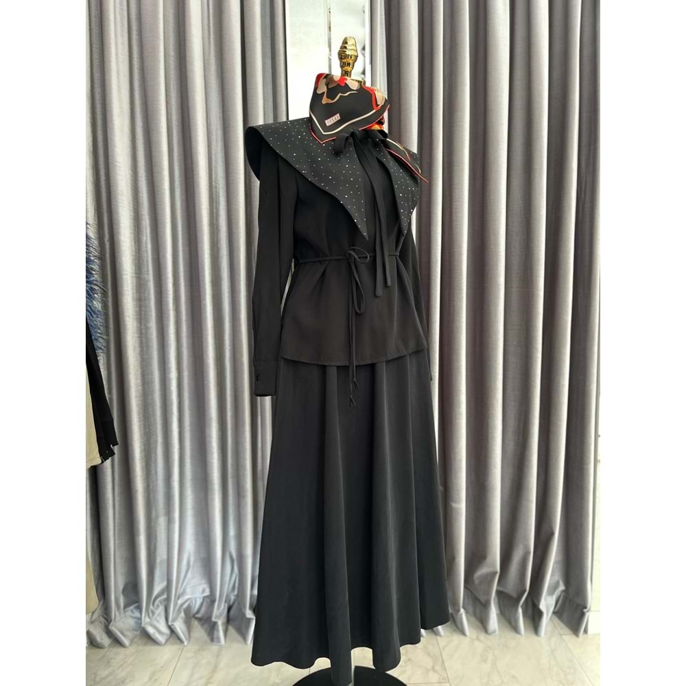 VATKATEX TAŞLI YAKA ETEKLİ TAKIM - SİYAH - 44