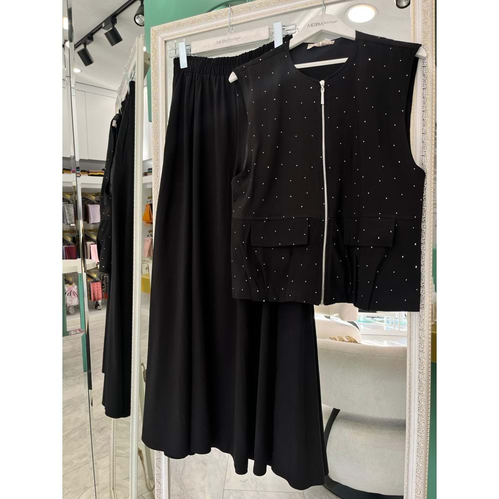 VATKATEX TAŞLI YELEKLİ ETEKLİ TAKIM - SİYAH - 42