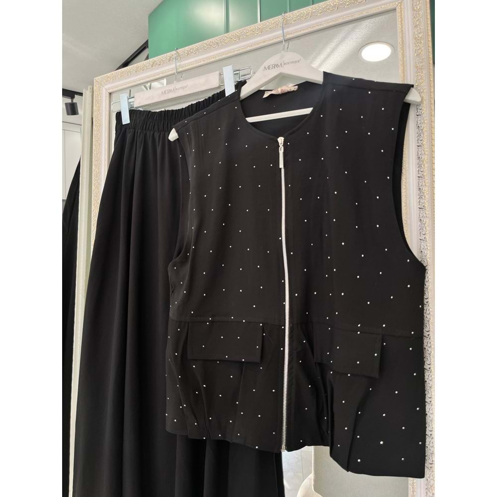 VATKATEX TAŞLI YELEKLİ ETEKLİ TAKIM - SİYAH - 42