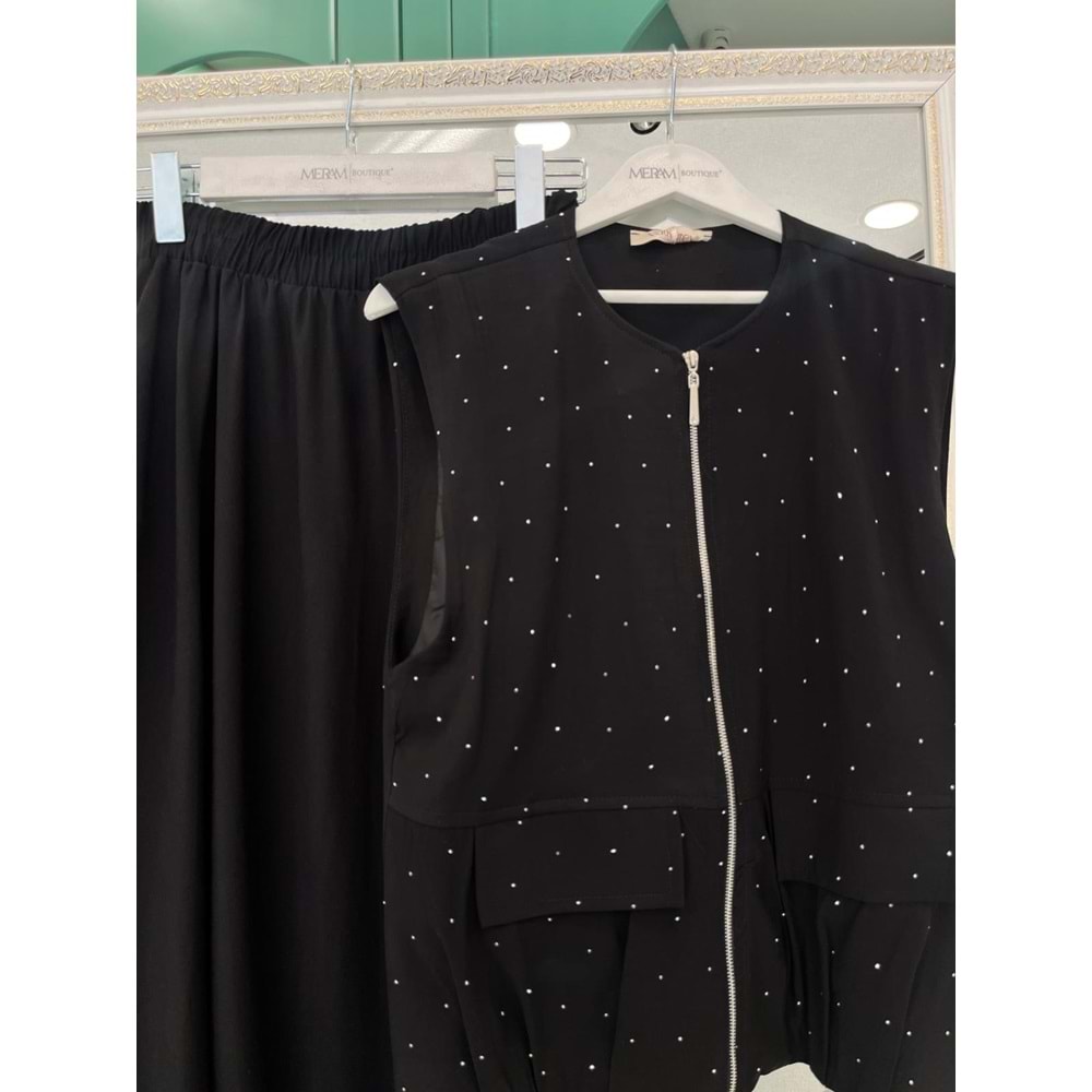 VATKATEX TAŞLI YELEKLİ ETEKLİ TAKIM - SİYAH - 42